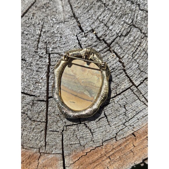 Large Picture Jasper Brooch Pendant Gold Tone Polished Oval Cabochon Brutalist - Picture 6 of 10